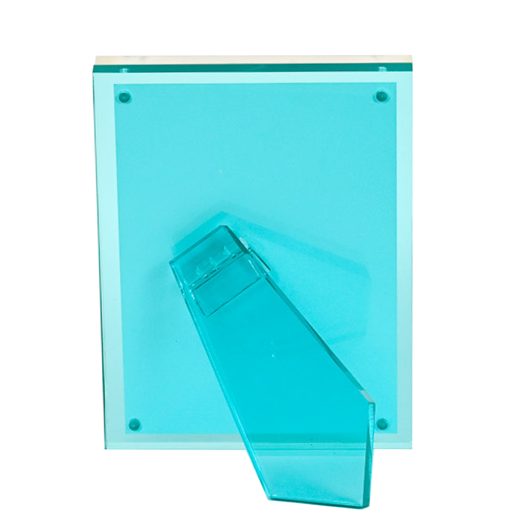 Image of the back of a turquoise lucite frame