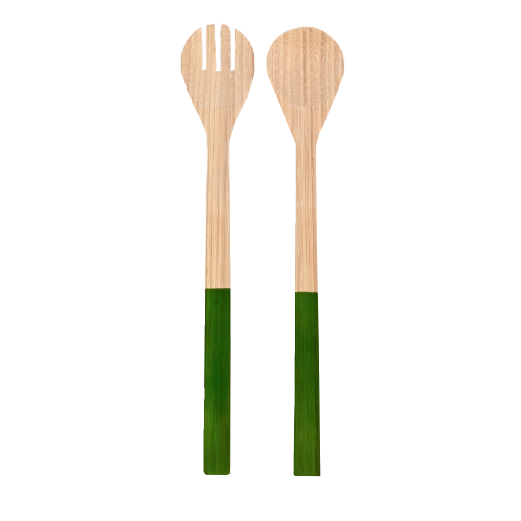 large salad serving utensils with green accent