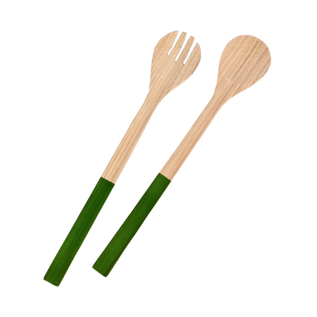 large salad serving utensils with green accent