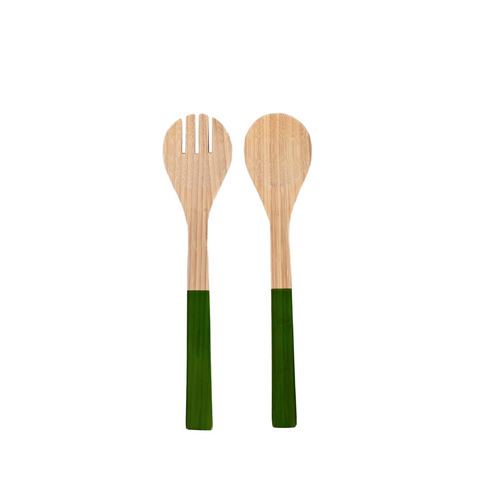 bamboo salad serving utensils with green accent