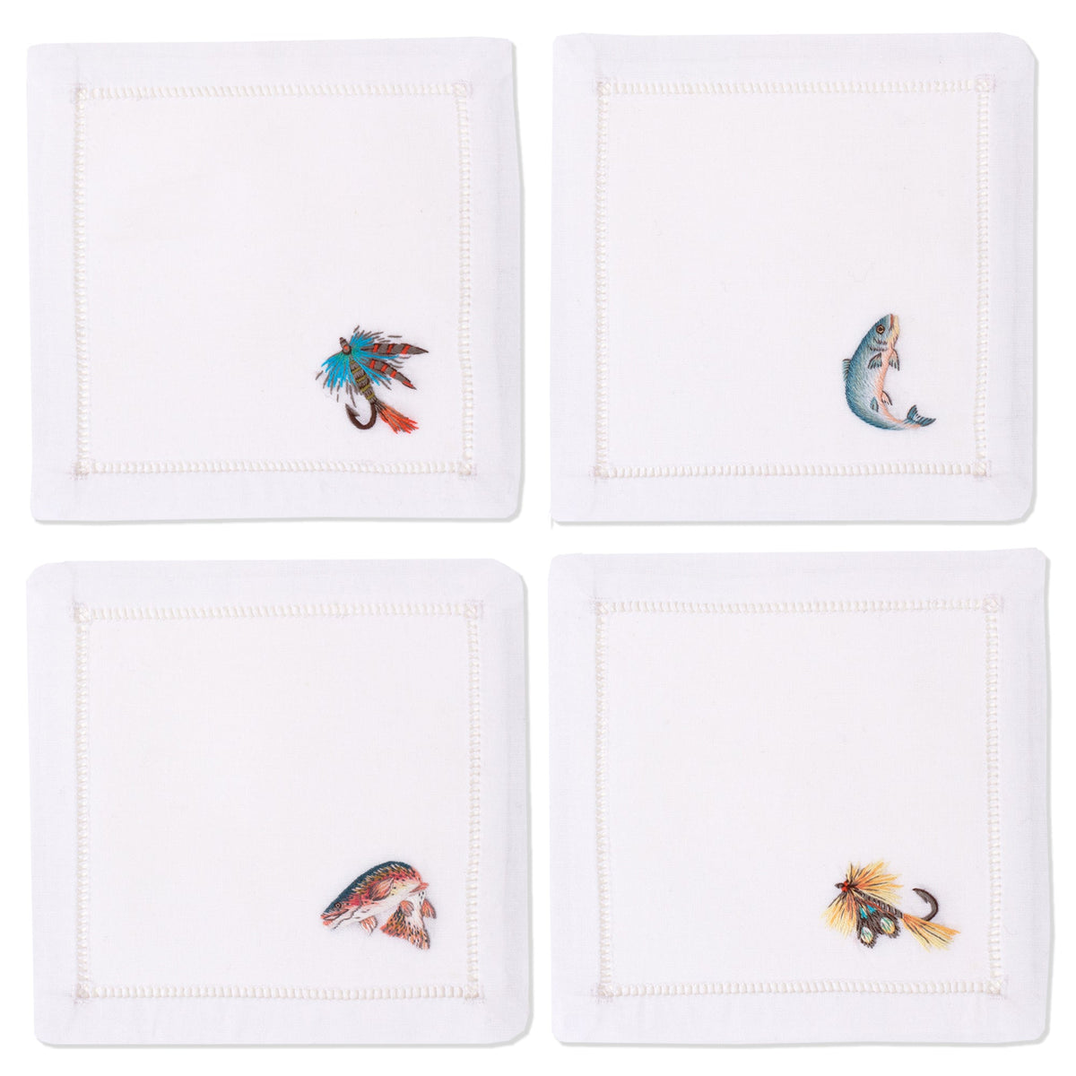 white square cocktail napkins with embroidered fish details