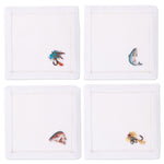 white square cocktail napkins with embroidered fish details