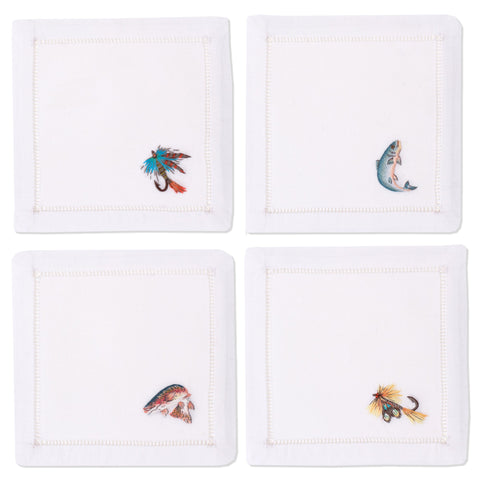 white square cocktail napkins with embroidered fish details