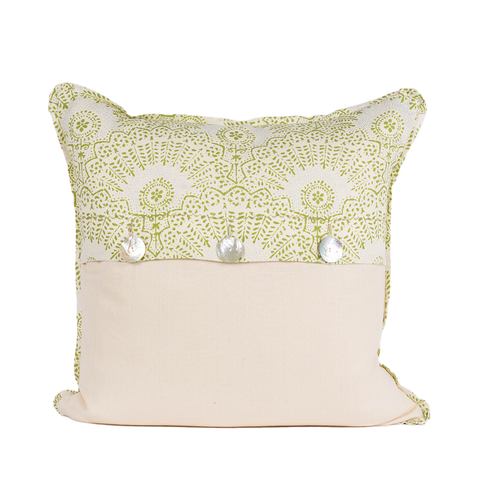 back of Ivory pillow with green fan motif