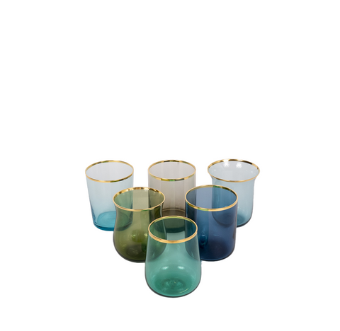 set of 6 gold rimmed glasses in assorted colors