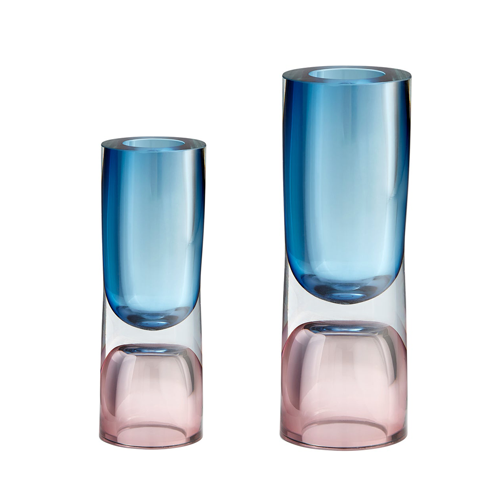 Small and Large Pink and Blue L'Amour Vases Side by Side 