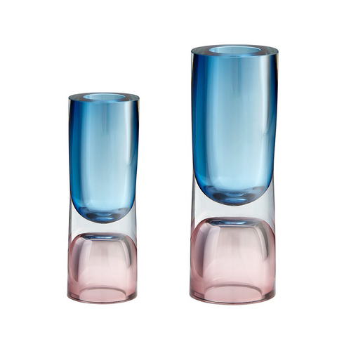 Small and Large Pink and Blue L'Amour Vases Side by Side 