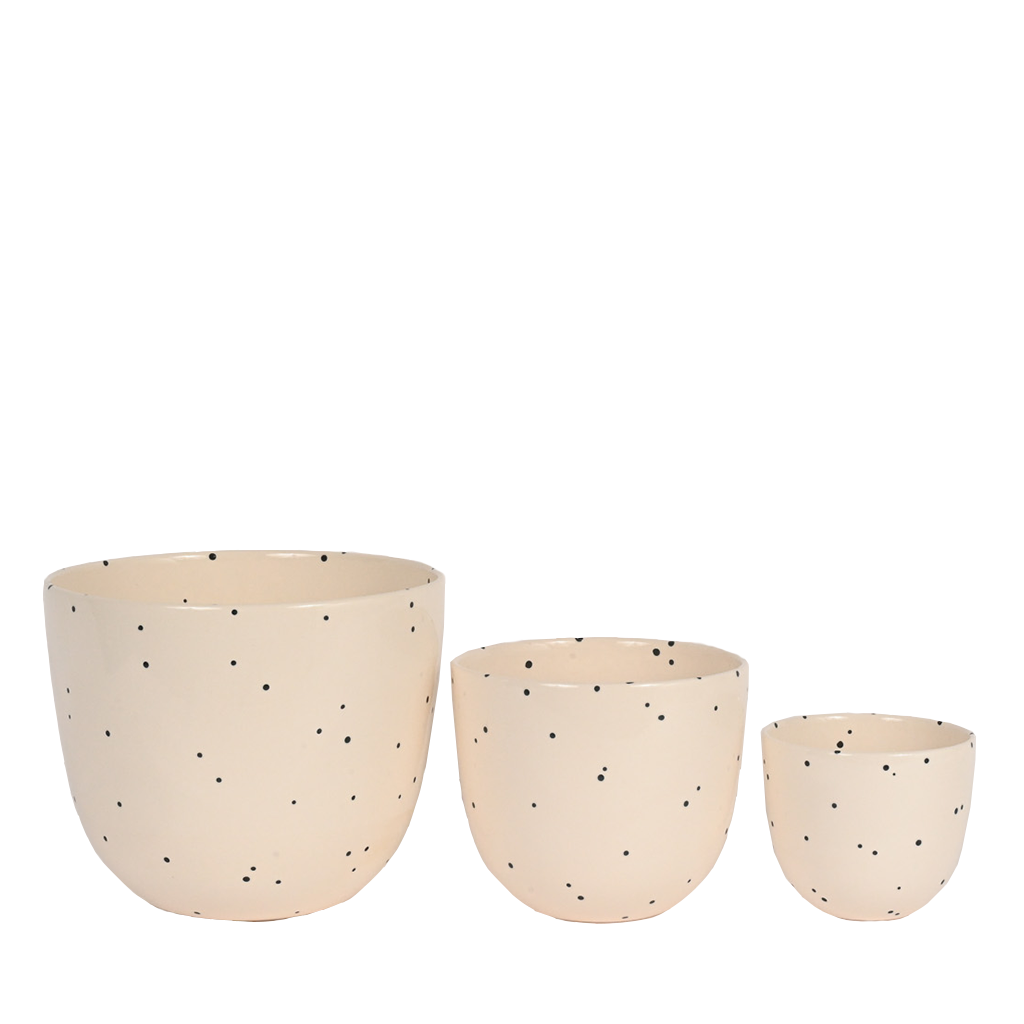 three planters with dot pattern detail