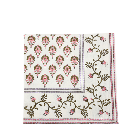 Block print napkin with pink and green details