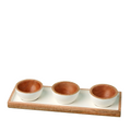 wooden set of 3 dipping bowls with white enamel on the tray and exterior of 3 bowls