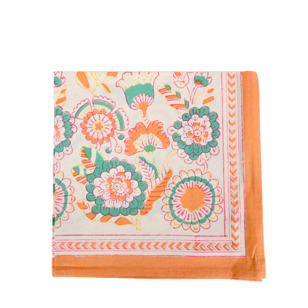 Block Print Napkin with orange and green flowers