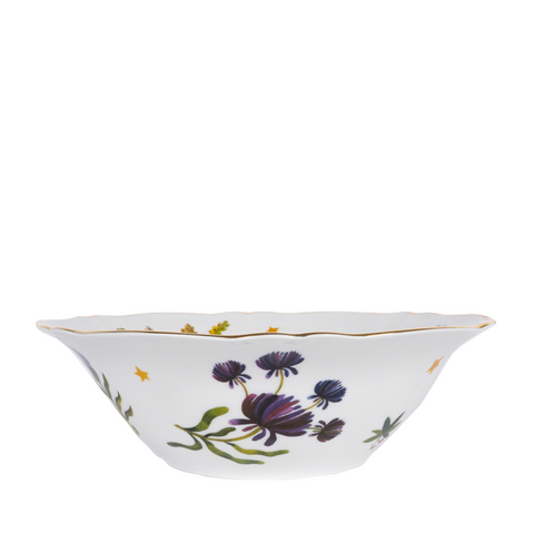 white porcelain salad bowl with floral motifs and a gold rim