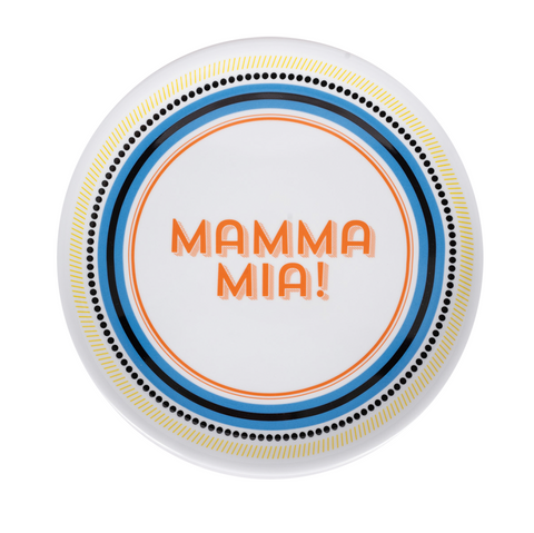 Large plate with colorful border and red words "mamma mia!"