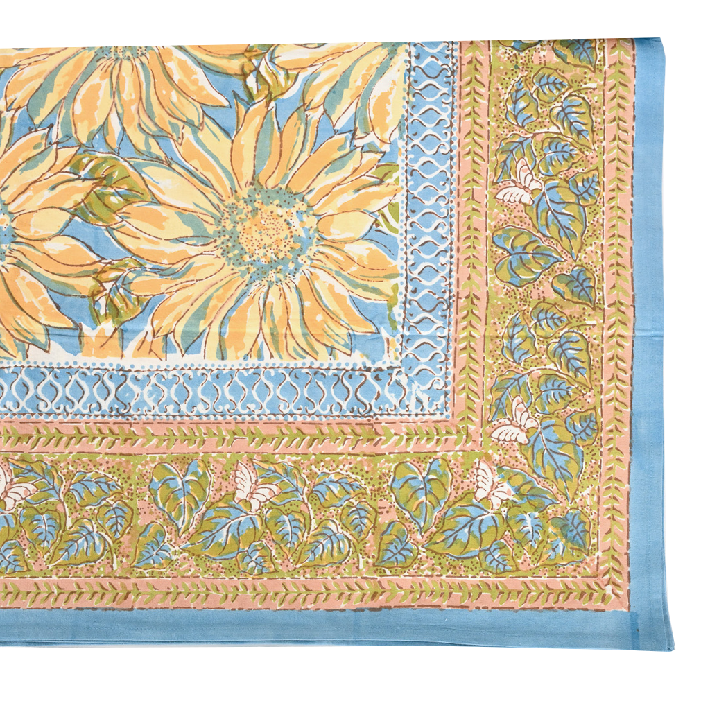 Block Print Tablecloth Blue and Yellow Flowers