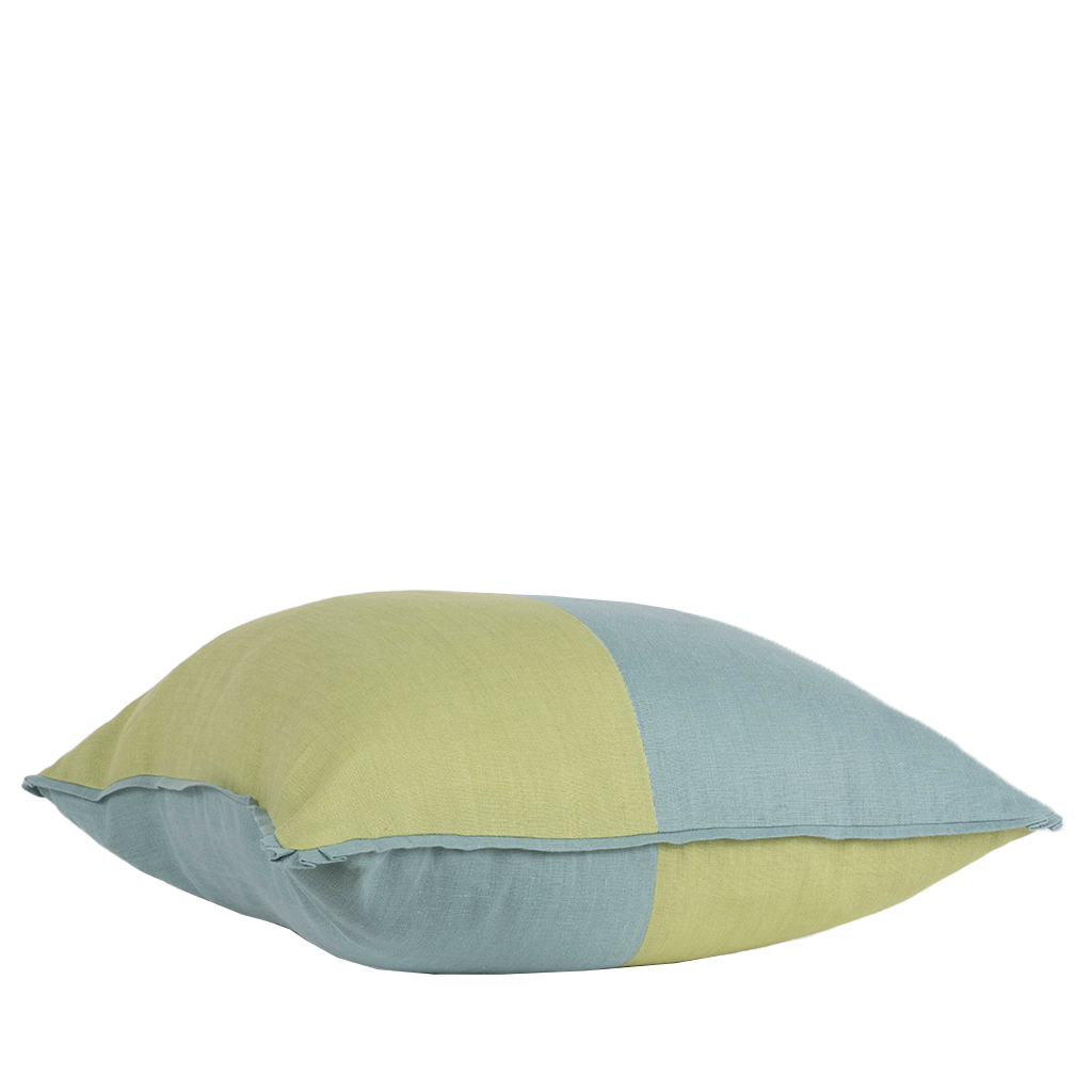 blue and green color block pillow from the side