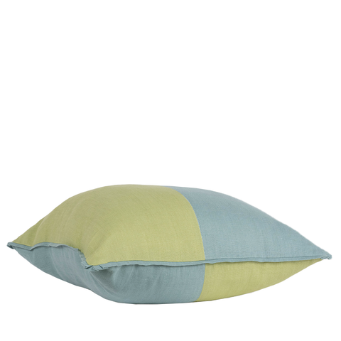 blue and green color block pillow from the side