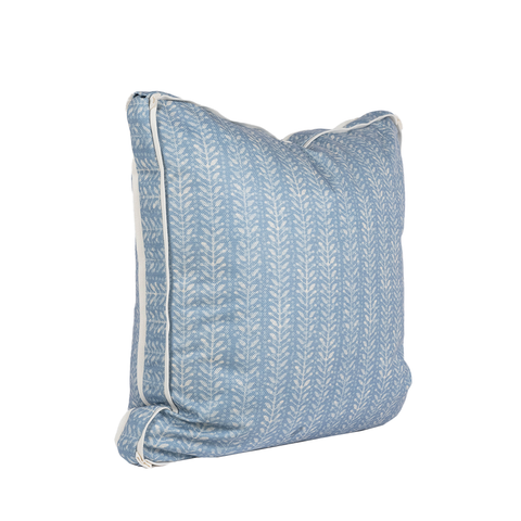 image of blue fern pillow from the side showing the box border