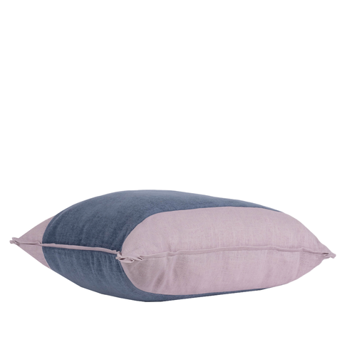 image of lavender and plum color block pillow from the side 