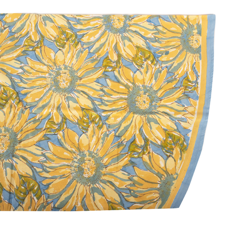round version of Block Print Tablecloth Blue and Yellow Flowers