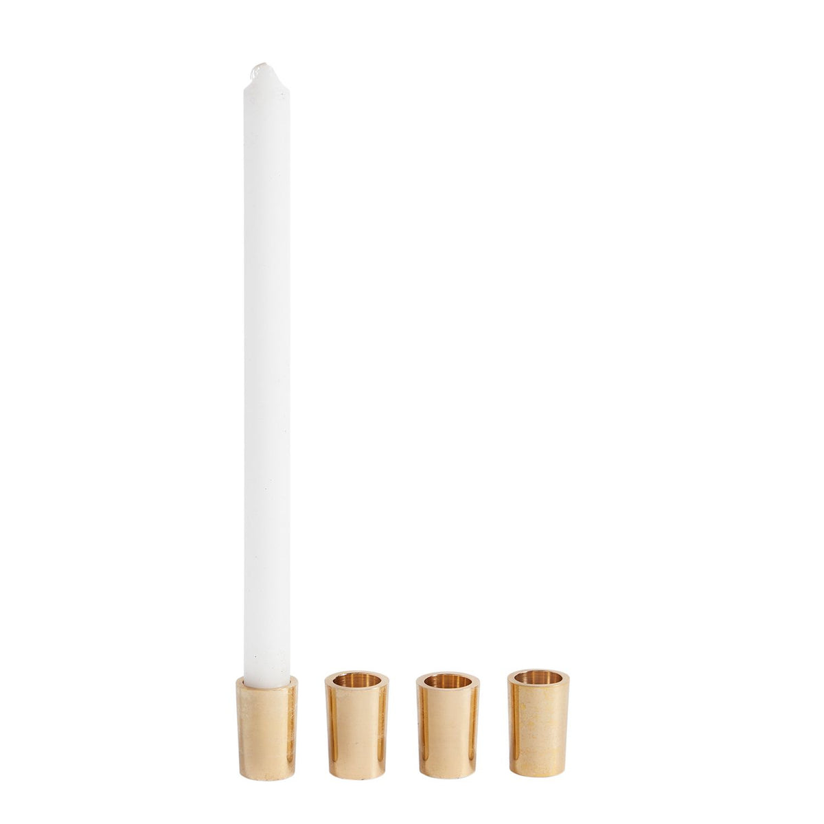 Simple Brass Candlestick Holder, Set of Four, with one white taper candle