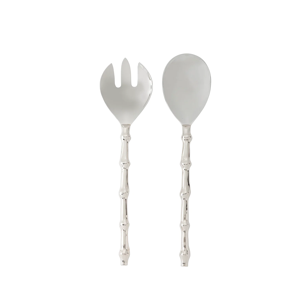 Silver Serving Set with Spoon and Fork with bamboo handles