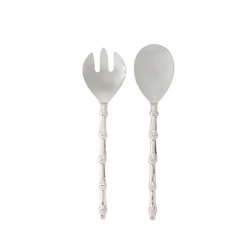Silver Serving Set with Spoon and Fork with bamboo handles