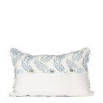 back of white lumbar pillow with light blue grass pattern