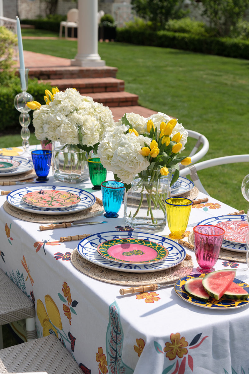 LaDoubleJ Botanical Tablecloth styled with full tablesape setting side view