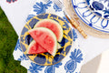 LaDoubleJ Pineapple Dishtowel styled with dessert plate and flatware on top of tablecloth