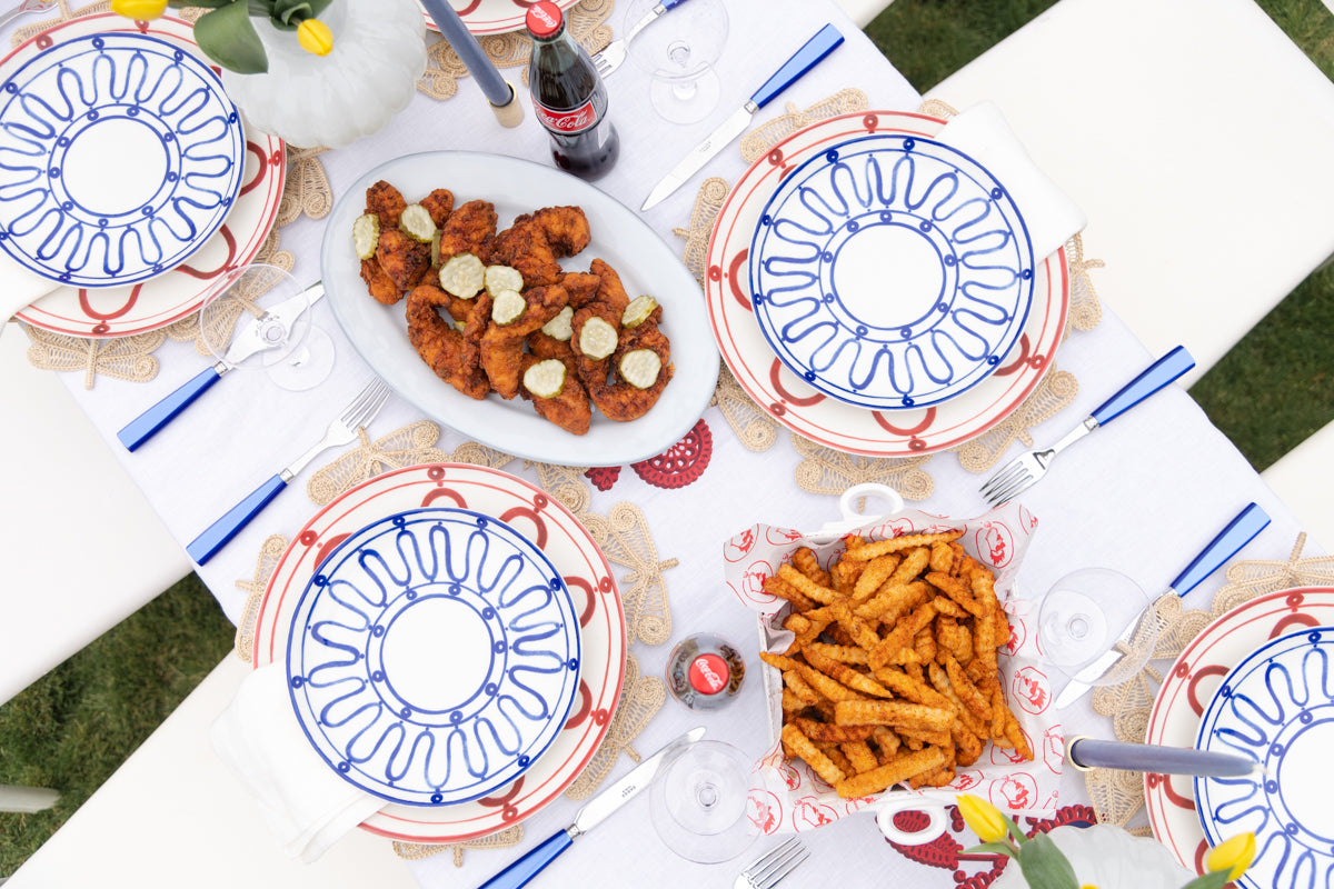 Poros Dinner Plate, Red, view of table from above. 