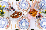 Birds eye view of dinner table display with Hydra Salad Plate in Cobalt 