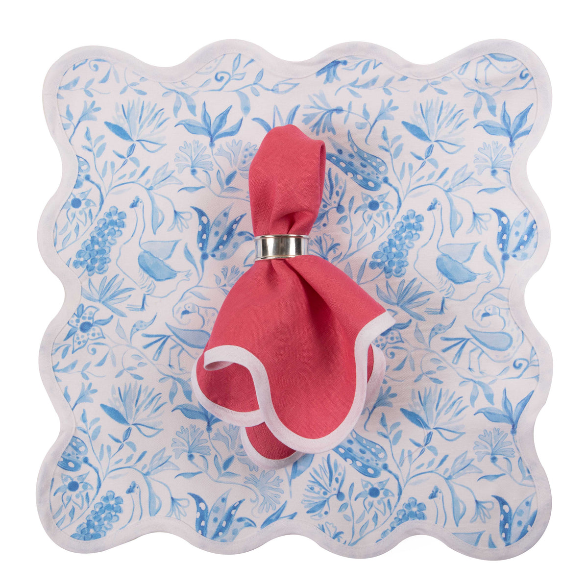 Scalloped Linen Napkin, Hibiscuis Pink on blue and white birds on paradise place mat
