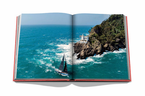 Image across both pages of Italian coast