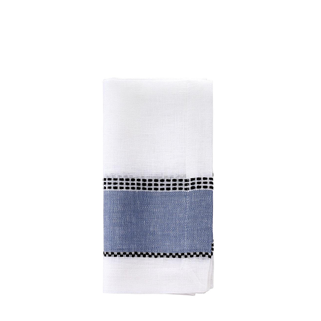 White Napkin with Blue Stripe in the Middle with black stitching around it