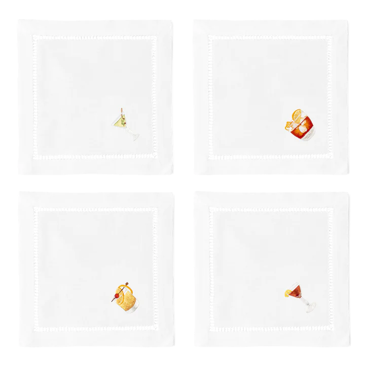 Set of 4 Cocktail Napkins with Classic Cocktail embroidered details