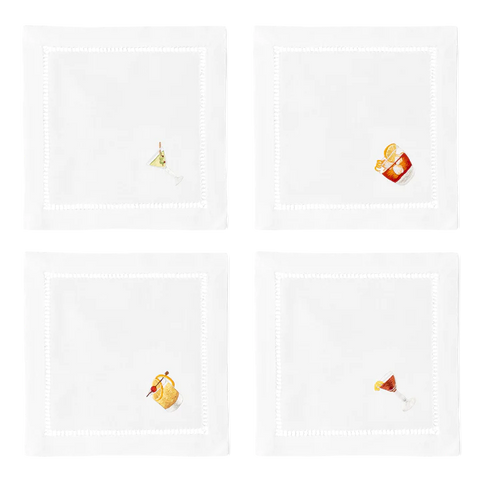 Set of 4 Cocktail Napkins with Classic Cocktail embroidered details
