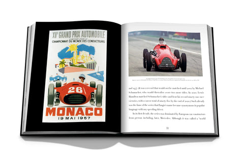 Formula 1: The Impossible Collection Book open showing photo of race car and Grand Prix poster