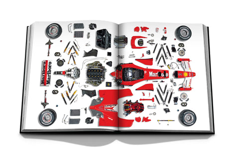 Formula 1: The Impossible Collection Book open showing components of Formula 1 car