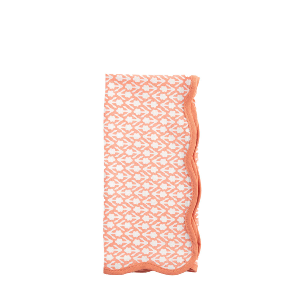 Coral Orange and White Floral Blockprint Scalloped Napkin