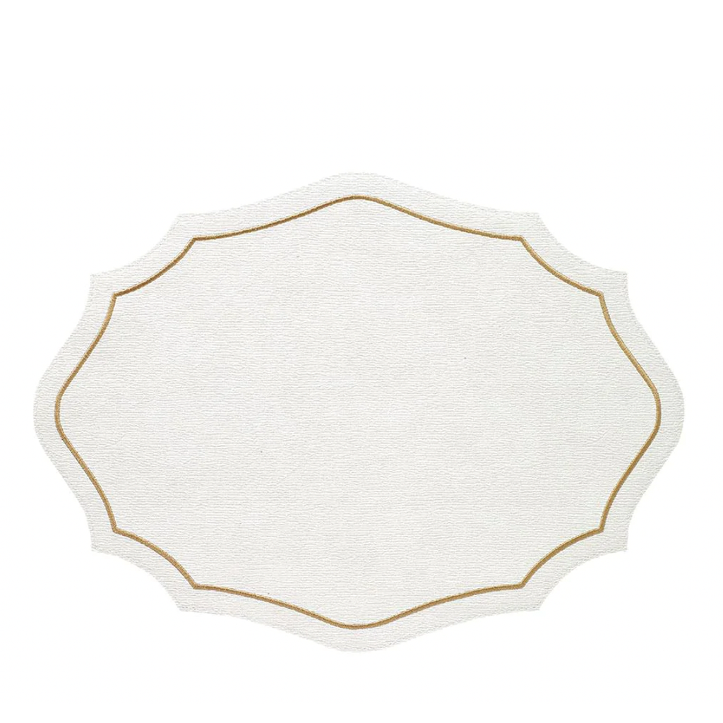 White vinyl placemat with scalloped edges and gold embroidery