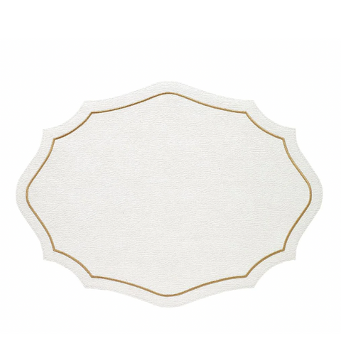 White vinyl placemat with scalloped edges and gold embroidery