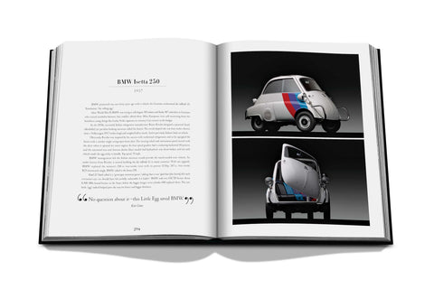 Image of the book opened up to two pages. The page on the left is information on the BMW Isetta 250, the image on the right is of the car.