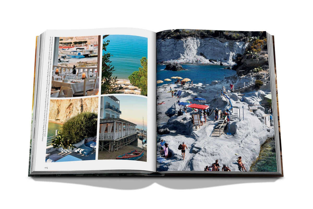 Multiple scenic photos of Italy inside the book