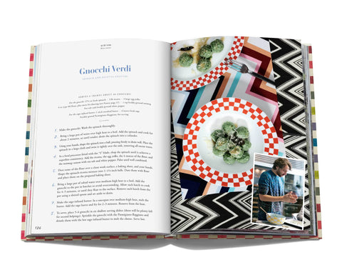 Image of the book opened up to a recipe for Gnocchi Verde. The left page has the recipe, and the right page has a picture of he completed meal