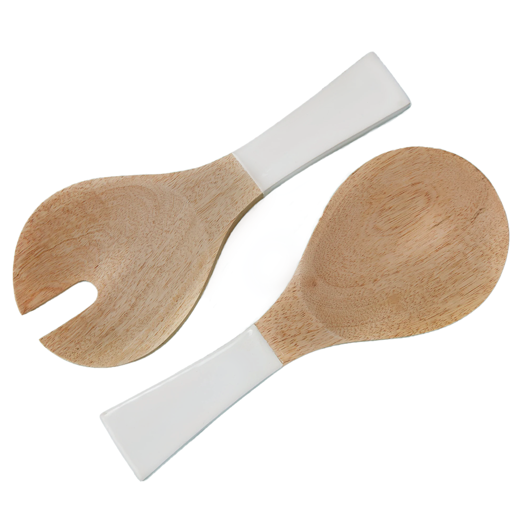 Wood and White Enamel Serving Set 