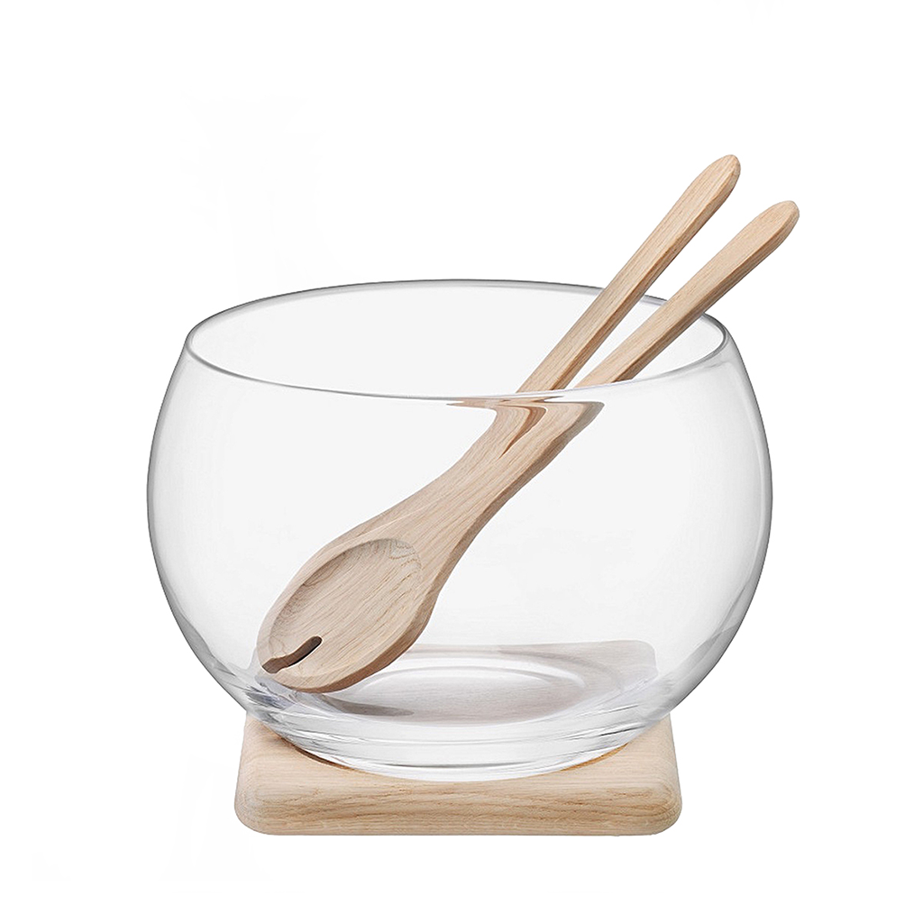 Newport Wooden and Glass Salad Bowl with Wooden Salad Tongs