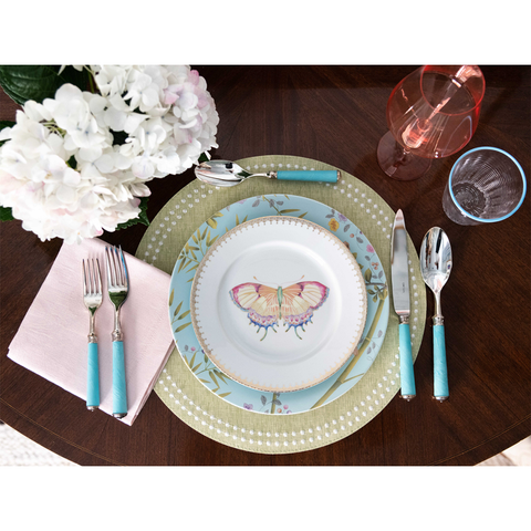 Mottahedeh Golden Teardrop Butterfly Dessert Plate paired with dinner plate displayed on placemat with flatware and glassware