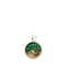 Circular yellow gold charm with evil eye in the bottom, malachite in top half, and diamonds are the perimiter