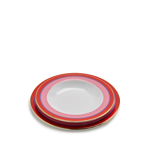 LaDoubleJ Rainbow Rosa Soup Plate on top of dinner plate