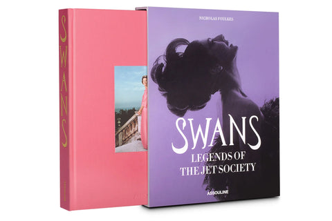 Swans: Legends of Jet Society book cover purple with photograph of a woman, with book showing